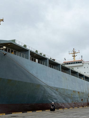 Wide industrial crop of a massive steel shipping vessel docked at an Indian port, natural overcast daylight, desaturated steel blue tones, sharp technical focus.