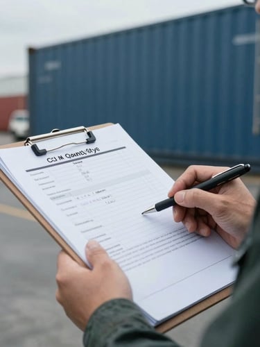 Close-up of a technical quality-control document on a clipboard held by an inspector at a shipping terminal, desaturated steel blue tones, sharp focus.