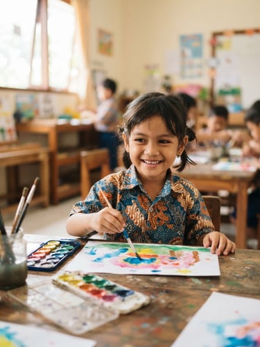 Candid photo of a young Indonesian child smiling while painting with bright watercolors on a clean white paper, natural daylight, soft focus classroom setting, 35mm.
