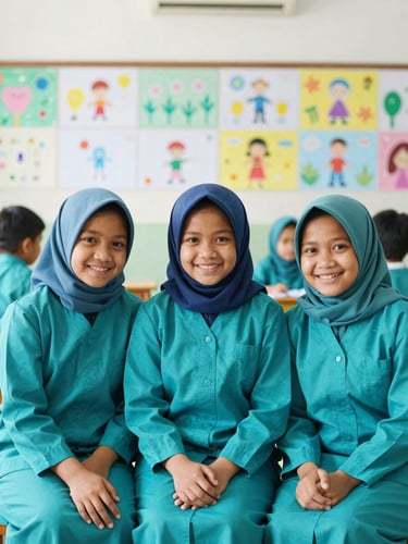 A warm group portrait of three smiling Indonesian female preschool teachers in matching teal uniforms, sitting in a bright sunlit classroom with colorful drawings on the wall behind them, natural daylight, 35mm photography