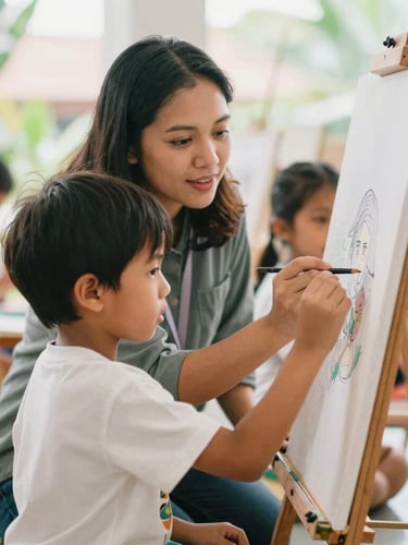 Warm candid photography of an Indonesian teacher at eye-level guiding a young child painting on an easel, bright natural daylight, soft focus, 35mm
