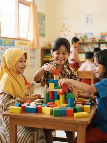 Bright natural daylight photography of Indonesian children playing happily with colorful wooden building blocks in a clean, sunny classroom, soft focus background, 35mm