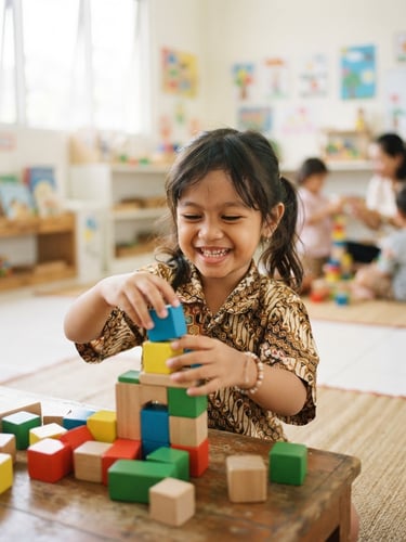 Candid photo of a young Indonesian child smiling warmly while playing with colorful wooden blocks in a bright, clean classroom, soft natural daylight, 35mm
