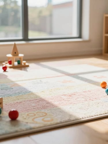 A wide environmental shot of a clean, brightly lit indoor play area with wooden toys, soft pastel rugs, and natural sunlight streaming through a large window, warm and welcoming atmosphere