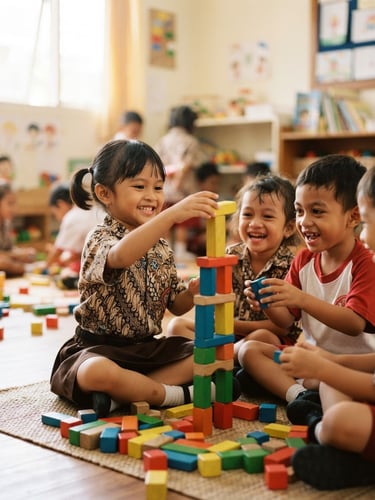 Candid shot of Indonesian preschool children building a colorful tower with wooden blocks, bright natural daylight, soft focus background, warm vibrant colors, 35mm