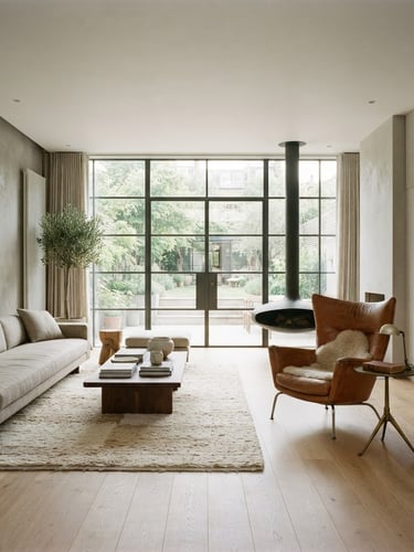 Wide architectural elevation of a luxurious, minimalist living room, soft natural daylight streaming through large windows, bespoke furniture details, muted neutral tones, elegant composition, off-center vignette of a hand-stitched leather armchair and aged brass side table to the right.