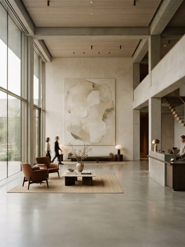 Wide architectural shot of a minimalist luxury hotel lobby, polished concrete floors, high ceilings, large abstract art, soft diffused natural light from tall windows, a few bespoke leather armchairs, elegant composition, warm neutral tones, architectural rigor.