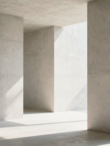 A vertical portrait of a modern, sunlit architectural interior, featuring clean concrete lines and soft shadows from high-key natural daylight, minimalist aesthetic.