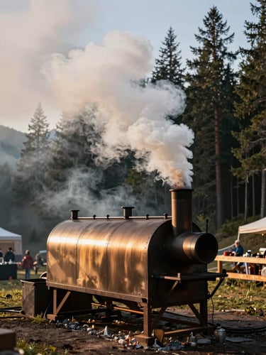 Landscape wide shot of a large offset wood smoker in use at an outdoor mountain event, thick white smoke rising from the stack, pine forest visible in background right, golden hour raking light across the smoker body, no people visible
