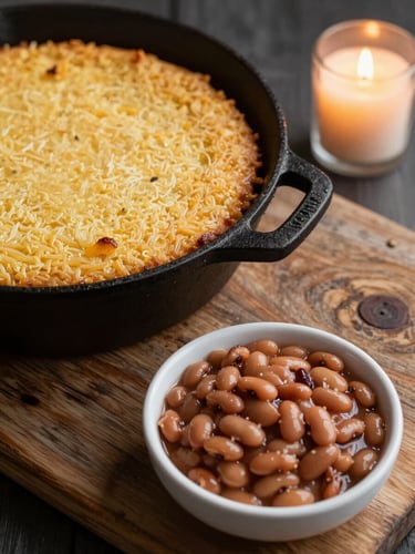 Overhead event table detail — cast-iron skillet of cornbread and a bowl of smoked beans on a reclaimed wood surface, warm candlelight from the upper right, dark background, shallow depth of field
