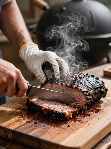 Close-up of a pitmaster's gloved hands slicing through a whole smoked brisket on a heavy timber cutting board, steam and smoke rising from the cut face, warm tungsten light from above casting deep shadows across the bark, cast-iron smoker visible out of focus in the background
