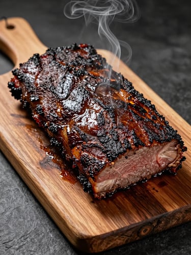 Close-up overhead of a whole smoked brisket resting on a rough-hewn oak cutting board, deep bark crust glistening, wisps of smoke still rising, warm tungsten light from the left, dark slate background