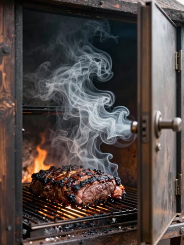 Close-up portrait of a heavy steel smoker door open on the right side of frame, thick white oak smoke curling out against a dark timber wall, whole brisket visible on the grate in warm tungsten glow, high contrast between charred meat and lodge interior background