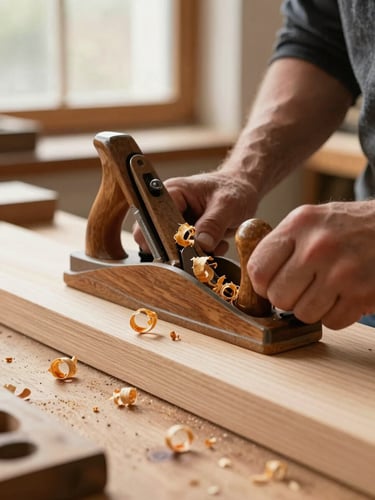 Close-up of a master woodworker's hands using a vintage hand plane on a raw white oak slab, golden wood shavings curling off, warm window light, shallow depth of field
