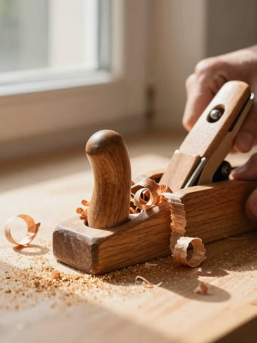 Tight macro shot of hands using a wooden hand plane, long curls of cherry wood shaving off under warm directional window light, sawdust-gold tones, shallow depth of field