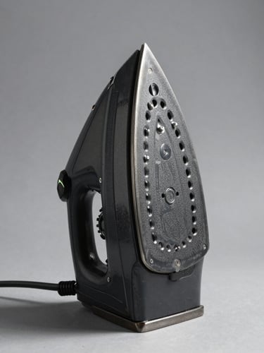 Straight-on orthographic studio shot of a heavy-duty steel dry iron with a textured black mechanical dial, hard directional light, sharp shadows, desaturated industrial tones, clean 50mm lens shot.