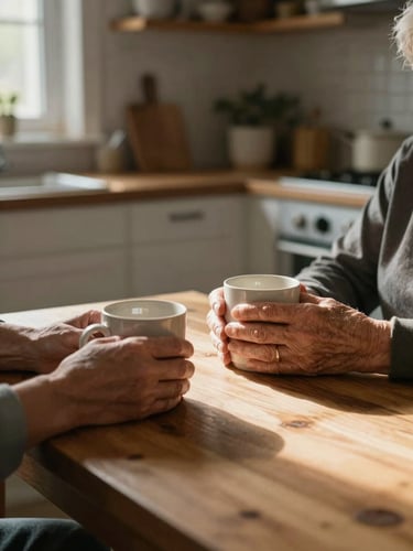 Close-up, slightly wide shot from across a kitchen table: a caregiver's hands resting near a ceramic mug, a senior woman's hands wrapped around her own cup, soft morning window light falling across the wooden table surface, lived-in kitchen shelves visible and slightly out of focus behind them — intimate, quiet, unhurried