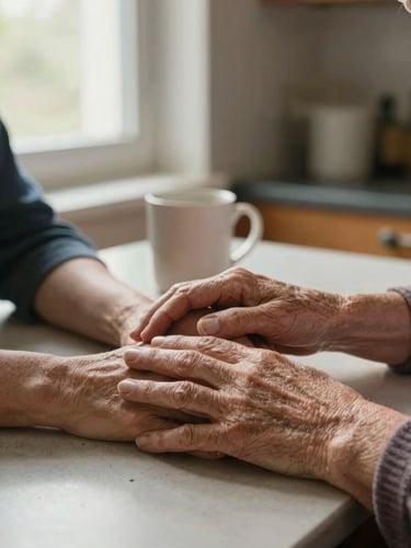 Close-up portrait-oriented frame: a caregiver's hands and an older woman's hands resting together on a kitchen table, warm natural window light from the left, a ceramic mug slightly out of focus in the background, lived-in domestic surface, documentary stillness, no posed expressions