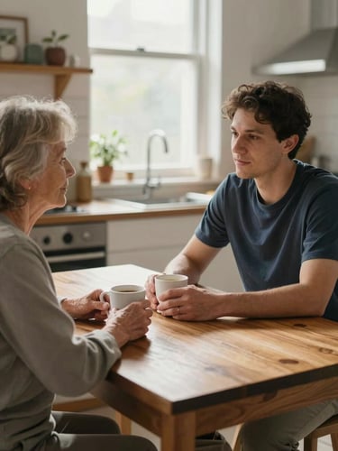 Close-to-medium shot inside a lived-in kitchen, a caregiver sitting across from an older woman at a wooden table, both hands resting near a morning coffee cup, natural window light falling across the table surface, warm and unhurried