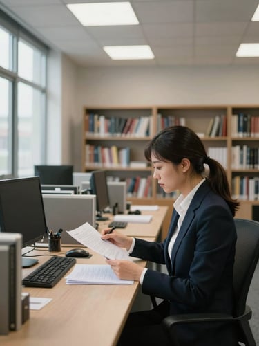 Wide shot of a sparse professional office interior, a single interpreter seated at a desk reviewing printed notes under natural window light entering from the left, bookshelves softly out of focus in background