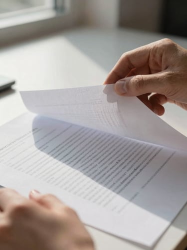 Extreme close-up of hands turning pages of a printed contract on a white desk under natural window light, typed text and margin annotations visible, no faces