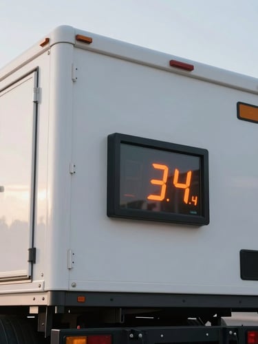 Low-angle detailed shot of a pristine white utility reefer unit mounted on a trailer, digital temperature display glowing bright orange at thirty-four degrees, crisp morning light.