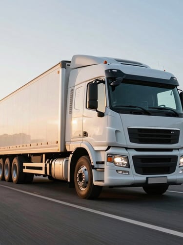 Wide low-angle environmental shot of a clean white semi-truck moving swiftly along a highway during the early morning golden hour, metallic surfaces catching the crisp light.