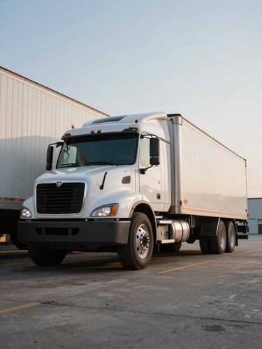 Low-angle wide shot of a pristine white tractor-trailer parked at an active warehouse dock in crisp early morning light, metallic surfaces gleaming