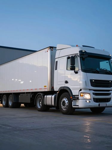 Wide low-angle shot of a pristine white tractor-trailer parked at an active warehouse loading dock during twilight, crisp blue hour lighting reflecting off metallic surfaces.