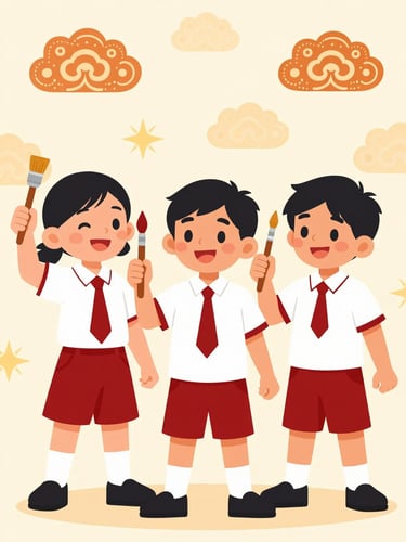 Playful flat vector illustration of smiling Indonesian elementary school students in red-and-white uniforms holding paintbrushes, warm sunny daylight, cheerful batik cloud motifs in background