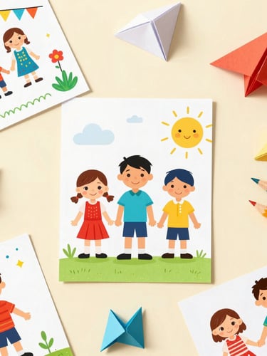 Overhead flat-lay shot of colorful Indonesian elementary student drawings, paper origami, and colored pencils on a warm cream surface, bright morning sunlight