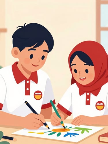 A portrait shot of two smiling Indonesian elementary school students, a boy and a girl in red-and-white uniforms, collaborating on a colorful painting, bright warm sunlight