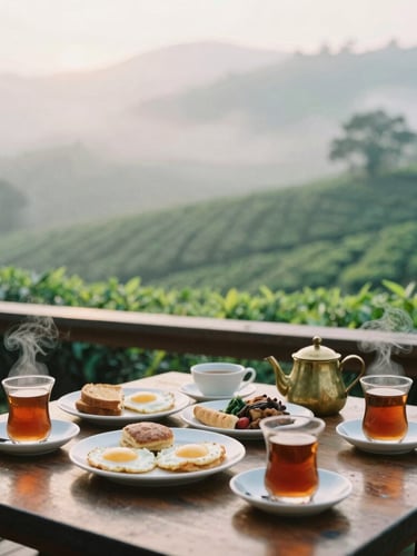 Fresh local breakfast spread on a wooden table on the verandah, steaming cups of Nilgiri tea, background of misty green tea gardens, soft morning light, 35mm film.