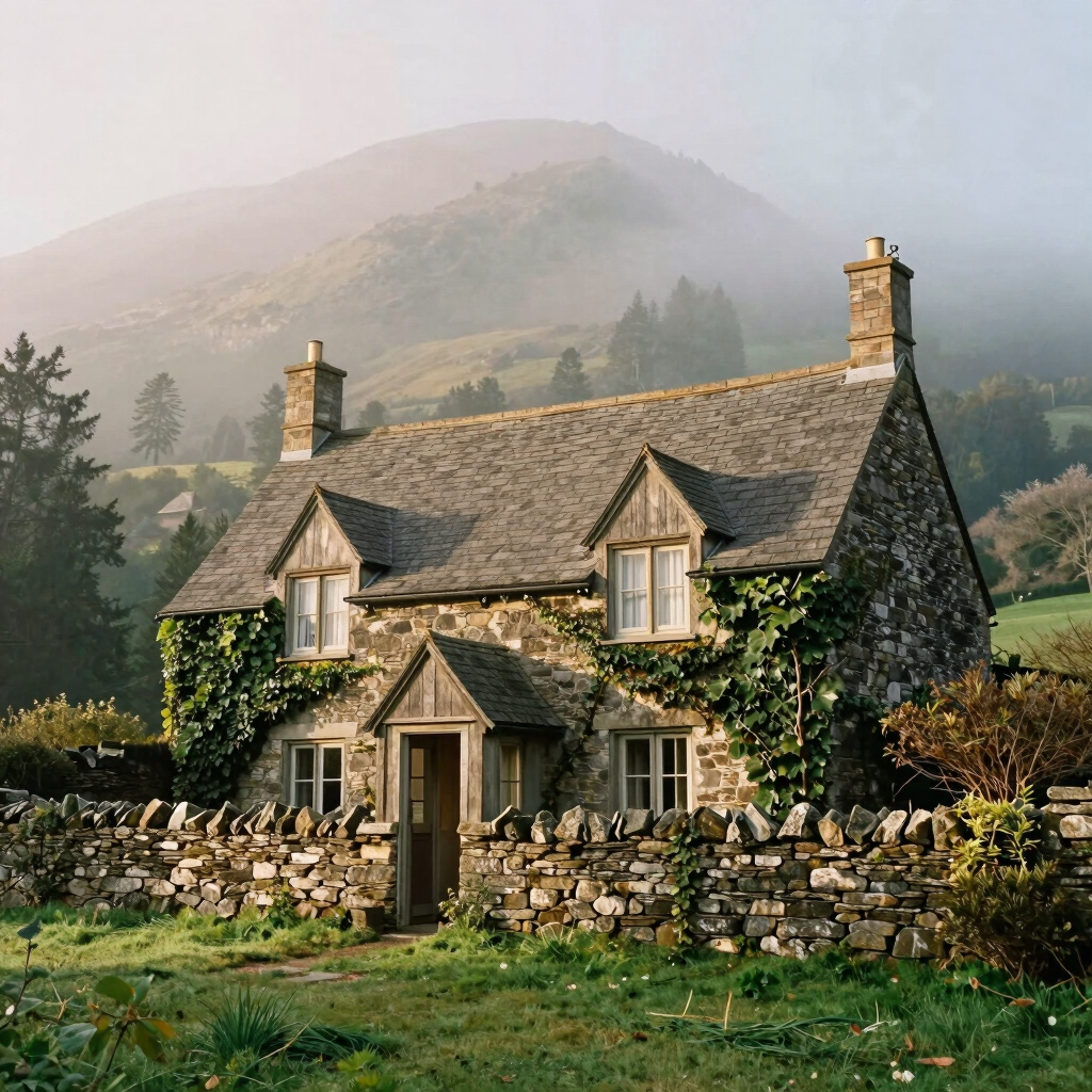 Medium environmental shot of Sherwood Heritage Cottage exterior, stone walls covered in ivy, mist rolling over the lawn, soft diffused mountain daylight, 35mm film.
