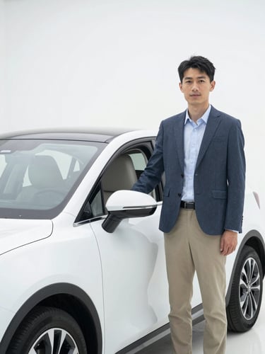 Approachable professional driver in smart-casual wear standing next to a clean, well-maintained modern private hire vehicle, bright overcast daylight, sharp focus, 35mm lens