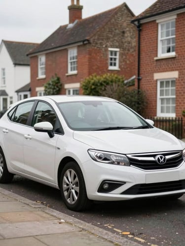 A clean, modern private hire car parked on a quiet residential street in Bishop's Waltham, soft overcast morning light, realistic natural colors, 35mm lens.