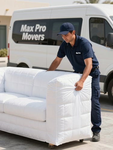 Crisp editorial photograph of a uniformed Max Pro Movers crew member carefully wrapping premium furniture in thick quilted padding, bright natural UAE daylight.