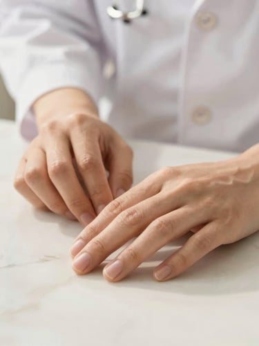 Soft close-up of a doctor's hands in a precise, gentle movement over a clean marble surface, warm diffused daylight, elegant and professional atmosphere.