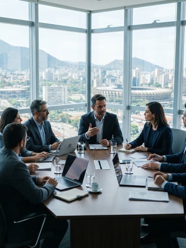 Strategic board meeting in Belo Horizonte, modern glass office, cool natural window light, professional executives discussing operations, professional editorial style, 35mm lens