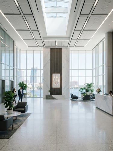 Straight-on architectural shot of a modern clean corporate lobby in Tampa, high-key natural light, cool crisp tones, professional interior design, 35mm
