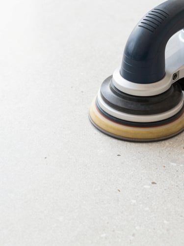 Macro detail of professional floor buffing equipment on a pristine terrazzo floor, bright cool natural light, sharp focus, 35mm