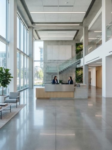 Straight-on architectural shot of an immaculate modern office lobby with polished concrete floors, cool natural light streaming through large windows, sharp focus, 35mm