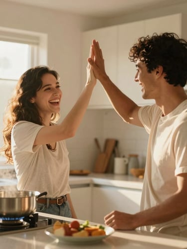 Medium shot of a modern couple cooking together in a sun-drenched kitchen, laughing and high-fiving over a shared meal, warm golden light, natural and candid.