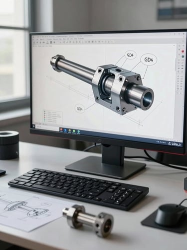 Wide desk-level view of a monitor showing a fully dimensioned 3D mechanical assembly model — a multi-part bracket and shaft assembly with cross-section view open, GD&T callout balloons visible, printed engineering drawing spread beside the keyboard, a steel component prototype resting on the desk in the foreground, daylight from an office window to the left