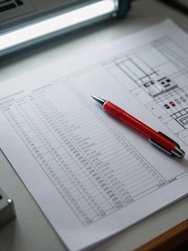 Portrait-oriented close-up of a printed electrical panel schedule document on a drafting desk, columns showing circuit numbers, load descriptions, breaker sizes, and voltage ratings, a red pen resting diagonally across the sheet, fluorescent office lighting, second page of schematics partially visible underneath