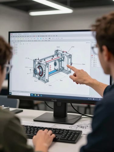 Over-shoulder medium shot of a CAD instructor pointing at a large monitor displaying a mechanical assembly cross-section in SolidWorks, student's hands visible on keyboard in the lower foreground, overhead fluorescent lighting, technical drawings spread on the desk beside the monitor