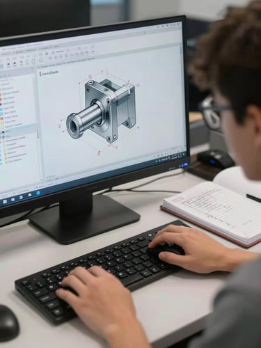 Close-up over-shoulder shot of a student's hands on a keyboard and mouse, SolidWorks feature tree visible on the left panel of the screen, a dimensioned mechanical part rotating mid-screen, engineering notebook open to the right of the keyboard with handwritten tolerance notes, cool office fluorescent light