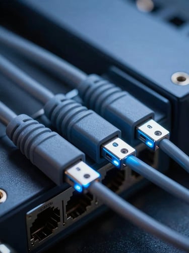 Macro close-up of high-end networking hardware, sleek fiber optic cables glowing with cool blue light, sharp focus, technical corporate aesthetic.