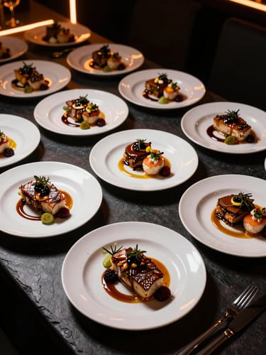Dramatic overhead shot of gourmet corporate catering dishes, dark slate background, warm amber spotlight highlights, crisp details