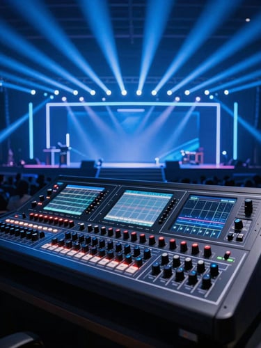 Sleek professional AV soundboard in foreground, dramatic electric blue stage lighting in background, crisp details, wide-angle venue perspective